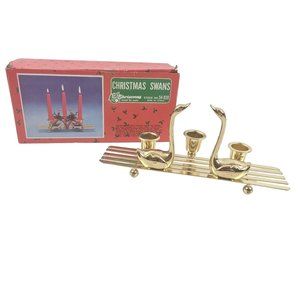 Vintage Christmas Around The World Swans Brass 3 Candle Stick Holder Home Decor